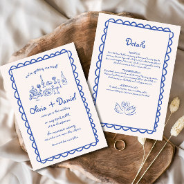 Invitación Boda de escritura a mano azul funky