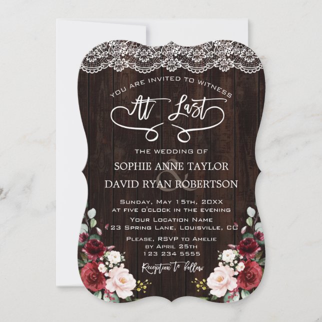 Invitación Boda de escritura a mano Boho Burgundy Floral Lace (Anverso)