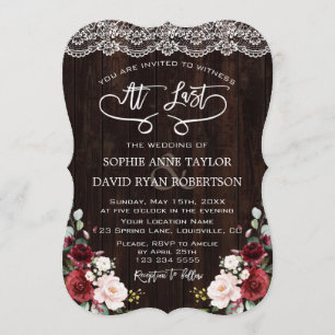 Invitación Boda de escritura a mano Boho Burgundy Floral Lace