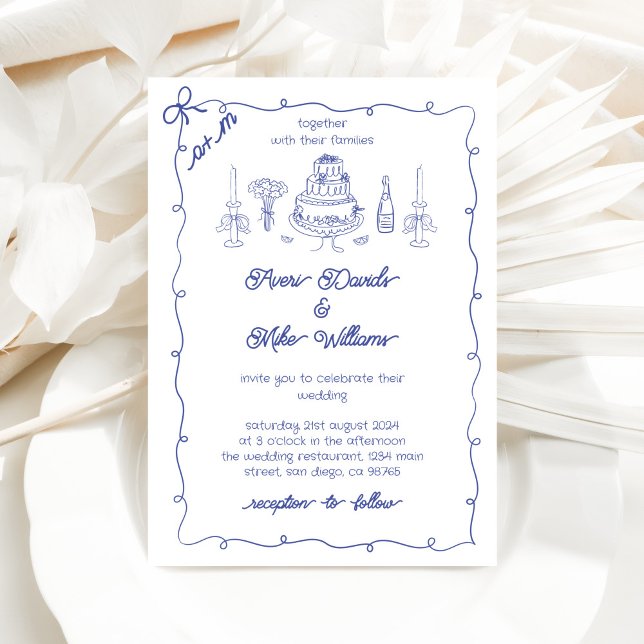 Invitación Boda de escritura a mano de dibujos con funky azul (Subido por el creador)