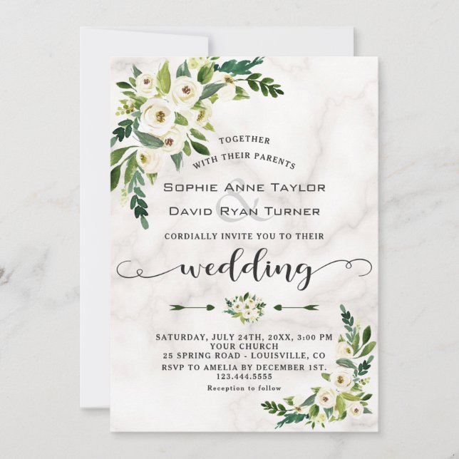 Invitación Boda de escritura a mano de mármol de flores blanc (Anverso)