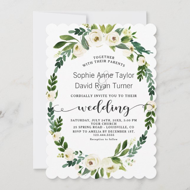 Invitación Boda de escritura a mano floral Charm White Bloomi (Anverso)