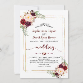 Invitación Boda de escritura a mano floral de Borgoña Marsala