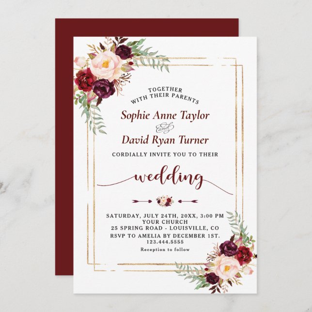 Invitación Boda de escritura a mano floral de Borgoña Marsala (Anverso / Reverso)