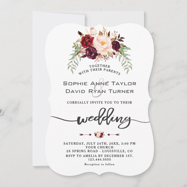 Invitación Boda de escritura a mano floral de Borgoña Red Mar (Anverso)