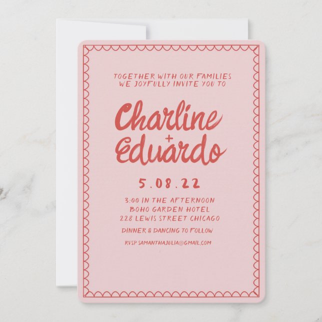 Invitación Boda de escritura a mano rosa y marea roja retro (Anverso)
