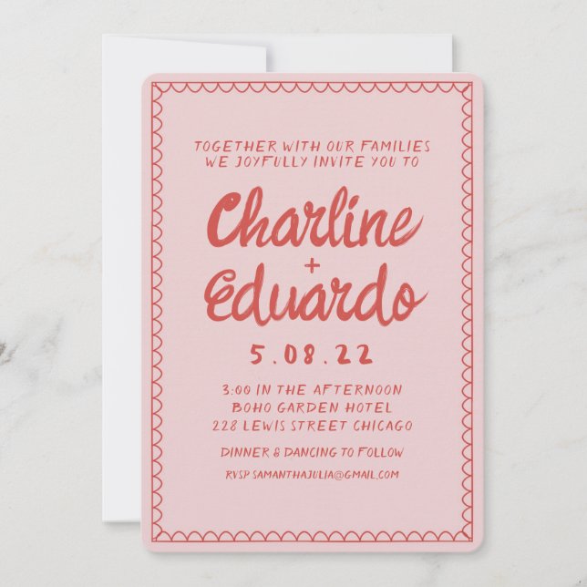 Invitación Boda de escritura a mano rosa y marea roja retro (Anverso)