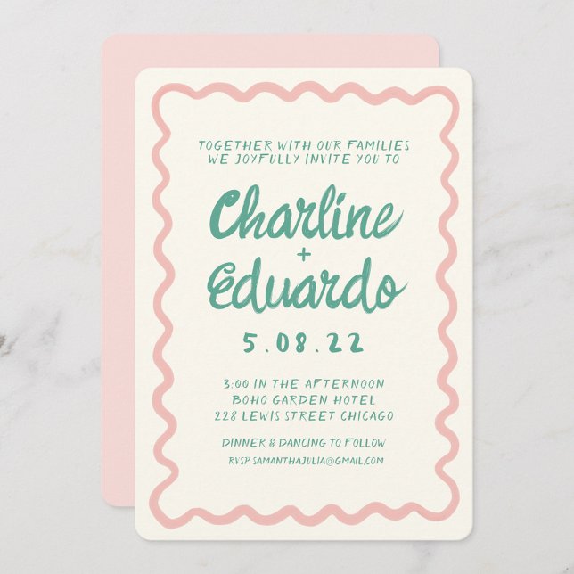 Invitación Boda de escritura a mano verde rosa y ondulada ret (Subido por el creador)