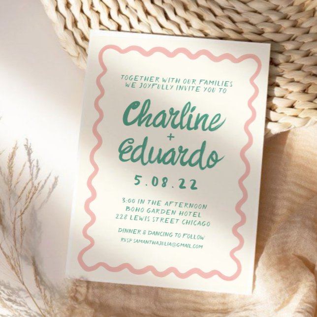 Invitación Boda de escritura a mano verde rosa y ondulada ret (Subido por el creador)