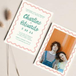 Invitación Boda de escritura a mano verde rosa y ondulada ret