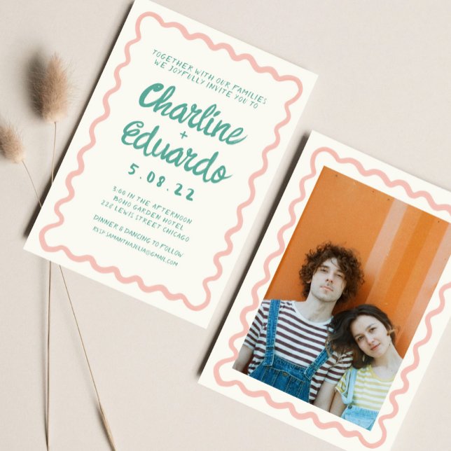 Invitación Boda de escritura a mano verde rosa y ondulada ret (Subido por el creador)