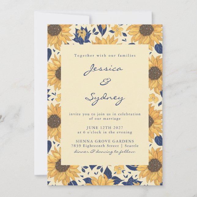 Invitación Boda de escritura azul amarilla floral de girasol  (Anverso)