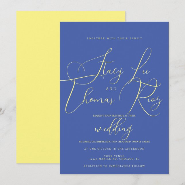 Invitación Boda de escritura azul amarillo amarillo brillante (Anverso / Reverso)