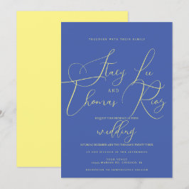Invitación Boda de escritura azul amarillo brillante moderno 