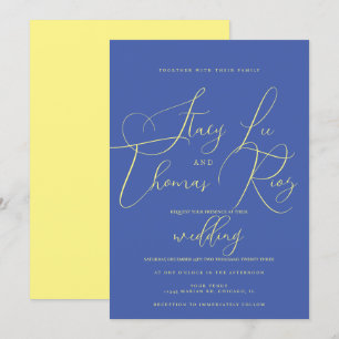 Invitación Boda de escritura azul amarillo brillante moderno