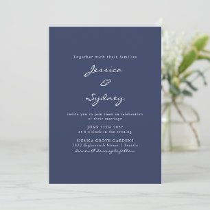 Invitación Boda de escritura azul de la Marina moderna minima