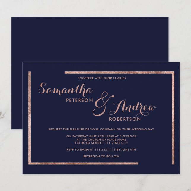 Invitación boda de escritura azul marino con borde dorado ros (Anverso / Reverso)