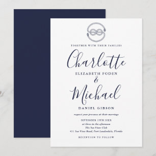 Invitación Boda de escritura azul marino del nudo náutico