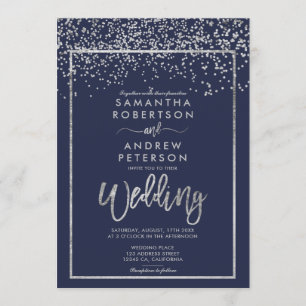 Invitación boda de escritura azul marino Silver confetti
