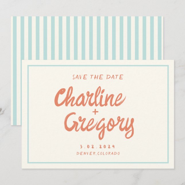 Invitación Boda de escritura azul retro Guardar la fecha (Anverso / Reverso)