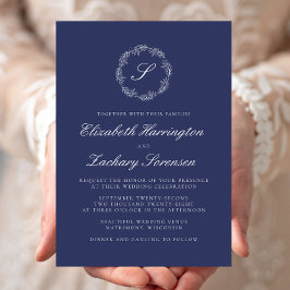 Invitación Boda de escritura blanca de monograma azul de mari