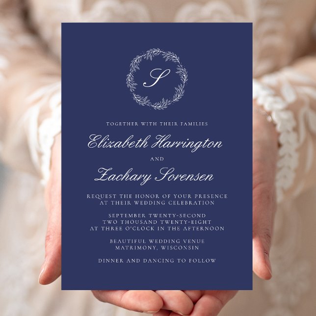 Invitación Boda de escritura blanca de monograma azul de mari (Subido por el creador)