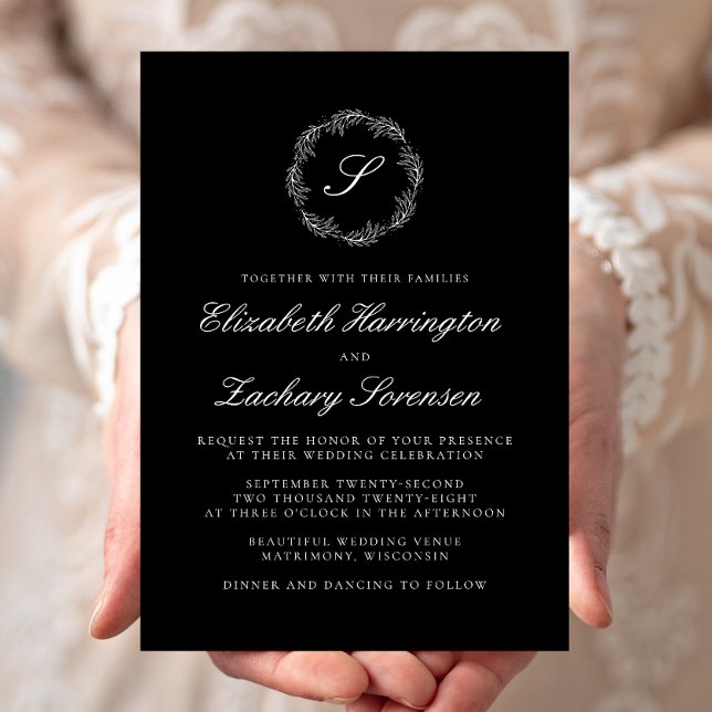 Invitación Boda de escritura blanca de monograma negro (Subido por el creador)