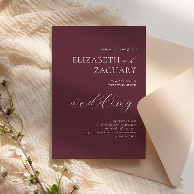Invitación Boda de escritura blanca y borgoñona simple (Subido por el creador)