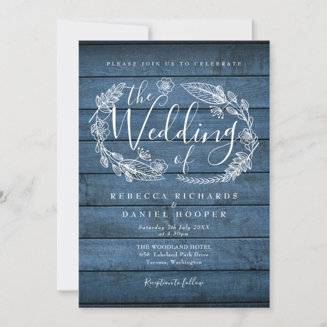 Invitación Boda de escritura Blue Rustic Wood Floral Garland  (Anverso)