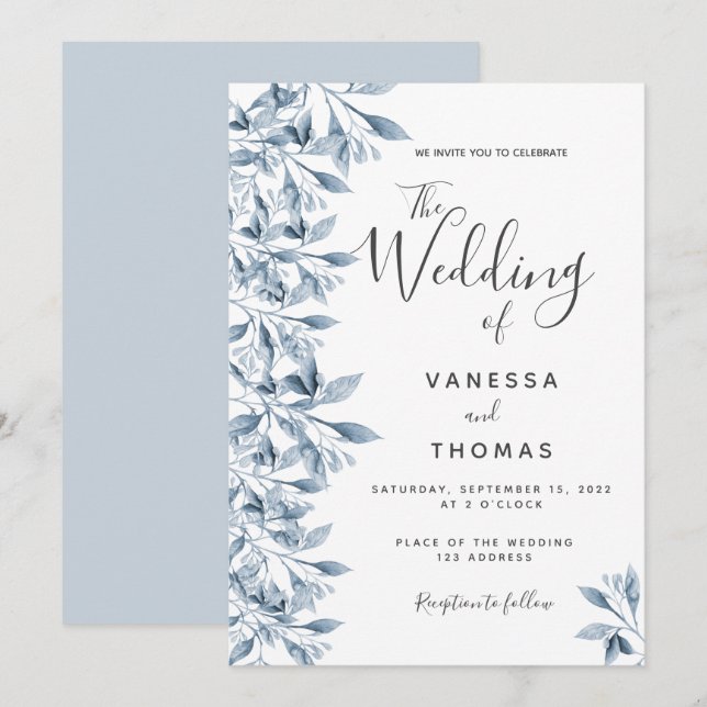 Invitación Boda de escritura botánica azul turbio (Anverso / Reverso)
