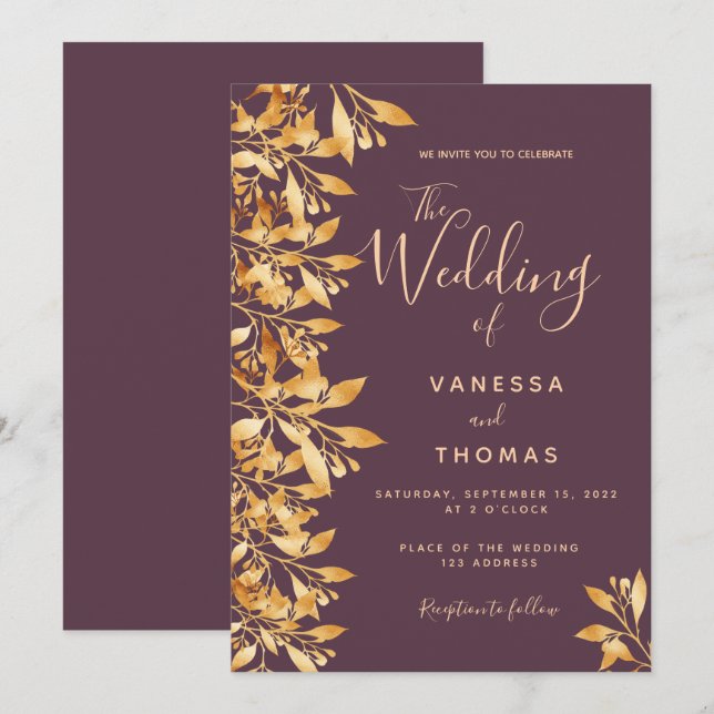 Invitación Boda de escritura botánica de oro de Cassis (Anverso / Reverso)