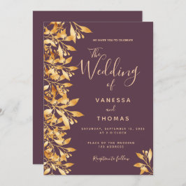 Invitación Boda de escritura botánica de oro de Cassis