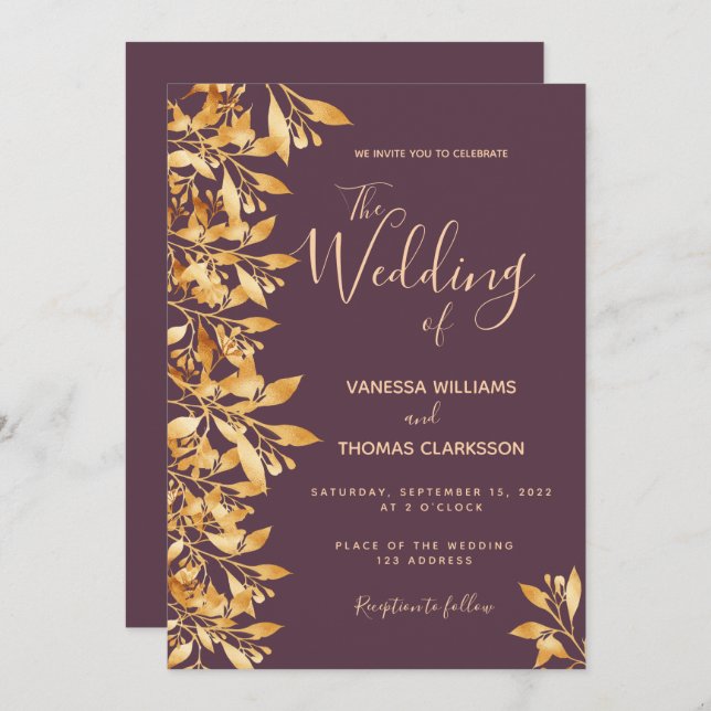 Invitación Boda de escritura botánica de oro púrpura Cassis (Anverso / Reverso)