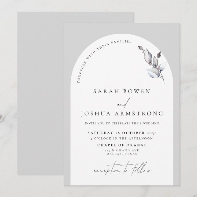 Invitación Boda de escritura botánica del Arco Gris moderno (Anverso / Reverso)