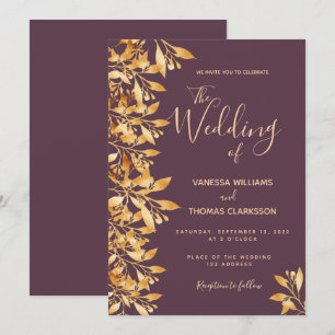 Invitación Boda de escritura botánica en oro ciruela
