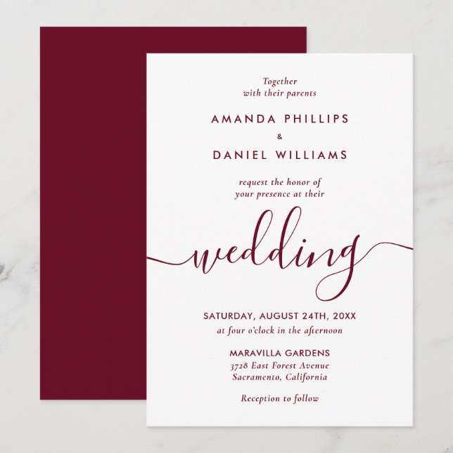 Invitación Boda de escritura burdeos moderno y elegante (Anverso / Reverso)
