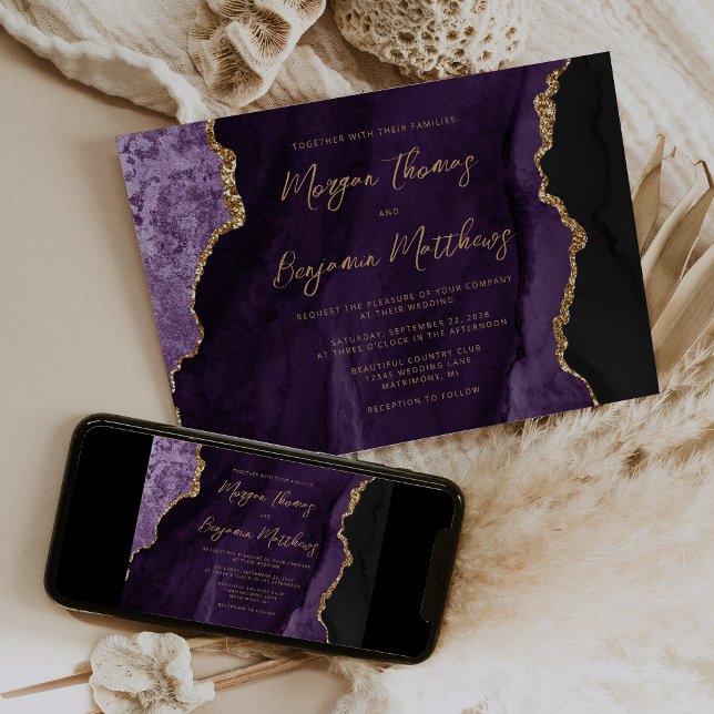 Invitación Boda de escritura de ágata de oro púrpura (Subido por el creador)