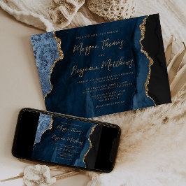 Invitación Boda de Escritura de Ágata Dorada Azul Marina