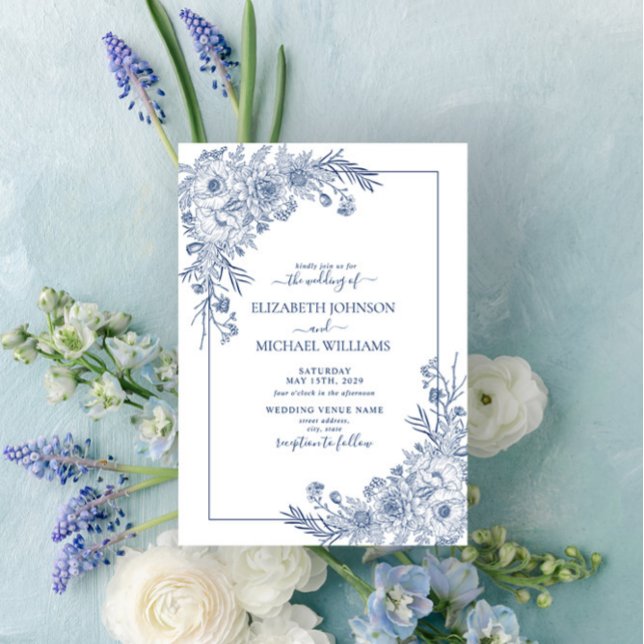 Invitación Boda de escritura de arte de la línea azul floral  (Subido por el creador)