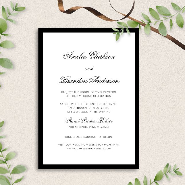 Invitación Boda de escritura de borde blanco y negro elegante (Subido por el creador)