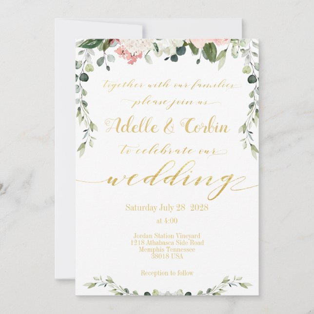 Invitación Boda de escritura de caligrafía de oro y vegetació (Anverso)