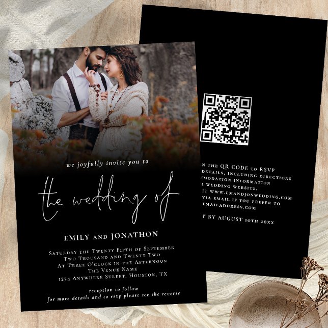Invitación Boda de escritura de código QR con foto de clase n (Wedding invitation custom photo overlay black with QR code)