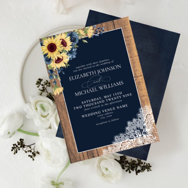 Invitación Boda de escritura de encaje de girasol azul de la  (Subido por el creador)
