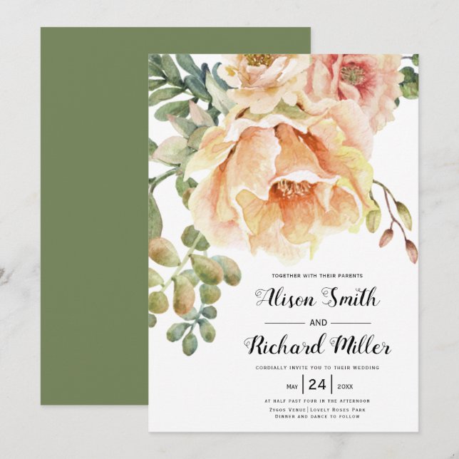 Invitación Boda de escritura de escritura de flores de meloco (Anverso / Reverso)