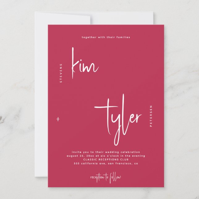 Invitación Boda de escritura de firma simple y rosa caliente (Anverso)