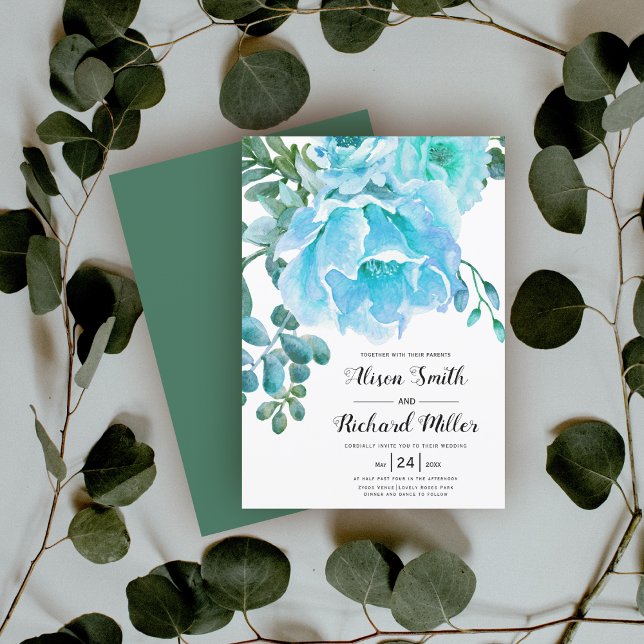 Invitación Boda de escritura de flores azul acuarela (Subido por el creador)