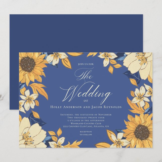 Invitación Boda de escritura de girasol de color azul (Anverso / Reverso)