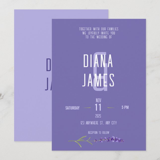 Invitación Boda de escritura de lavanda moderna (Anverso / Reverso)