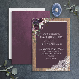 Invitación Boda de escritura de madera de púrpura de plumas f
