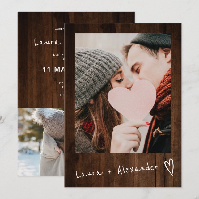 Invitación Boda de escritura de madera marrón rusa de corazón (Anverso / Reverso)